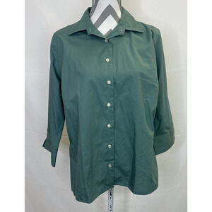 Lands End Women’s 16P Green 3/4 Sleeve Button Down Shirt Wrinkle Free Broadcloth